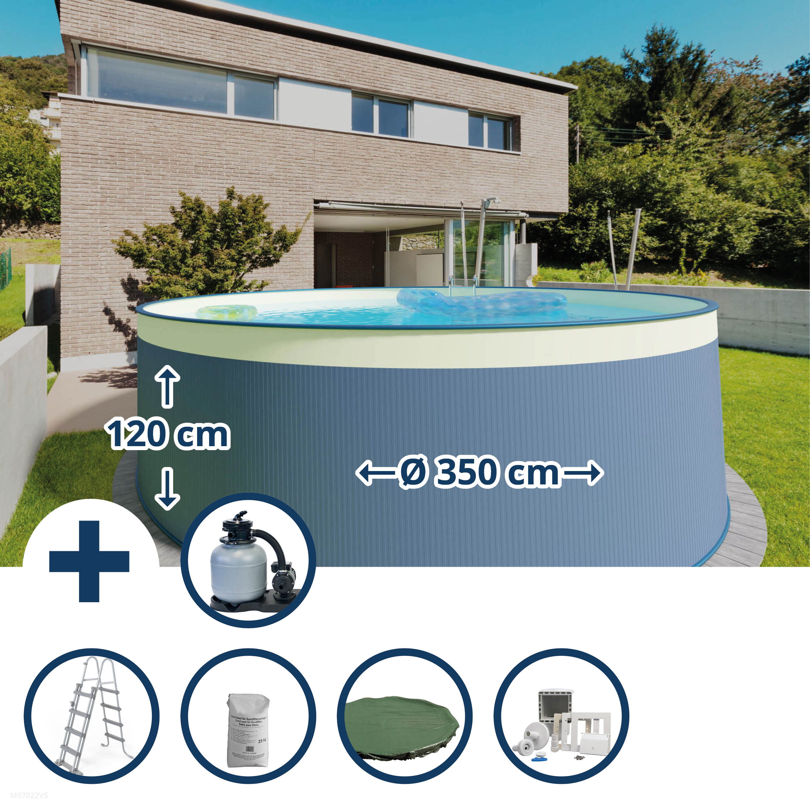 Stahlwandpool Set (6-teilig) hoch rund 350 x 120 cm, Stahl 0,4 mm anthrazit Folie 0,3 mm sand Stahlwandpool Set (6-teilig) hoch rund 350 x 120 cm, Stahl 0,4 mm anthrazit Folie 0,3 mm sand